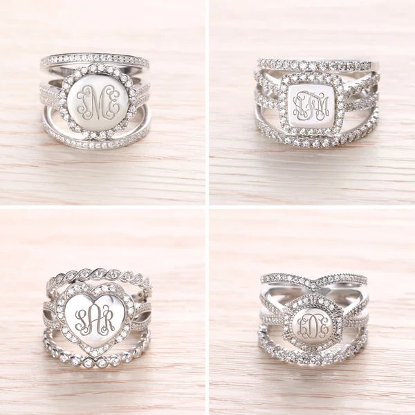 Engraved CZ Stacking Monogram Rings In Sterling Silver - Glamour