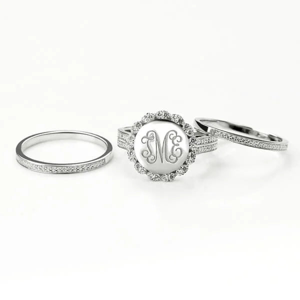 Engraved CZ Stacking Monogram Rings In Sterling Silver - Glamour