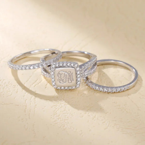 Engraved CZ Stacking Monogram Rings In Sterling Silver - Glamour