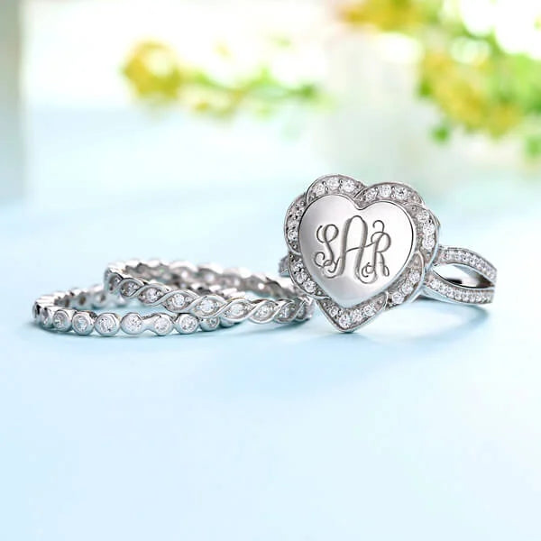 Engraved CZ Stacking Monogram Rings In Sterling Silver - Glamour