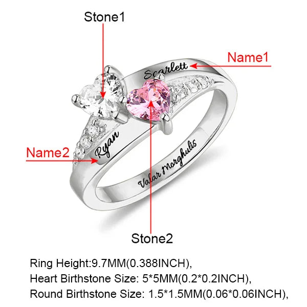 Personalized 2-5 Hearts Birthstone Ring With Engraving Silver