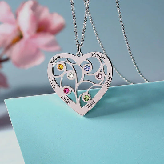 Heart Family Tree Necklace Engraved with Name& Birthstones