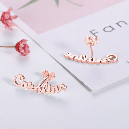 Personalized Name Stud Earrings for Her in Silver