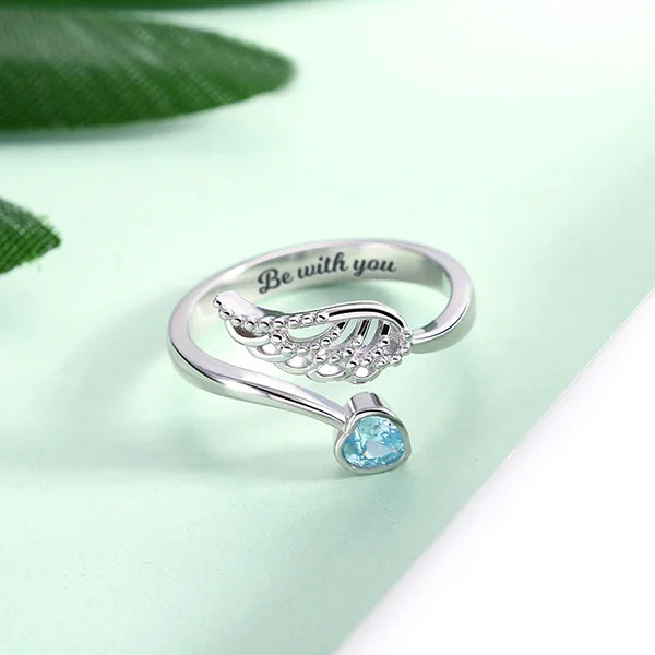 Personalized "Forever by My Side" Angel Wing Ring Sterling Silver - Glamour