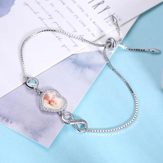 Personalized Heart Photo Bracelet with Birthstone