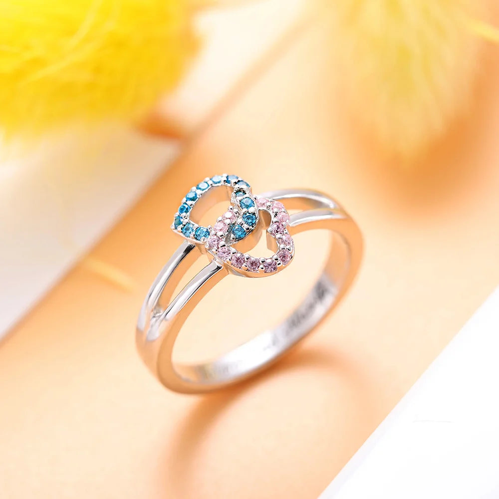 Engraved Dual Hearts Birthstones Silver Ring - Glamour