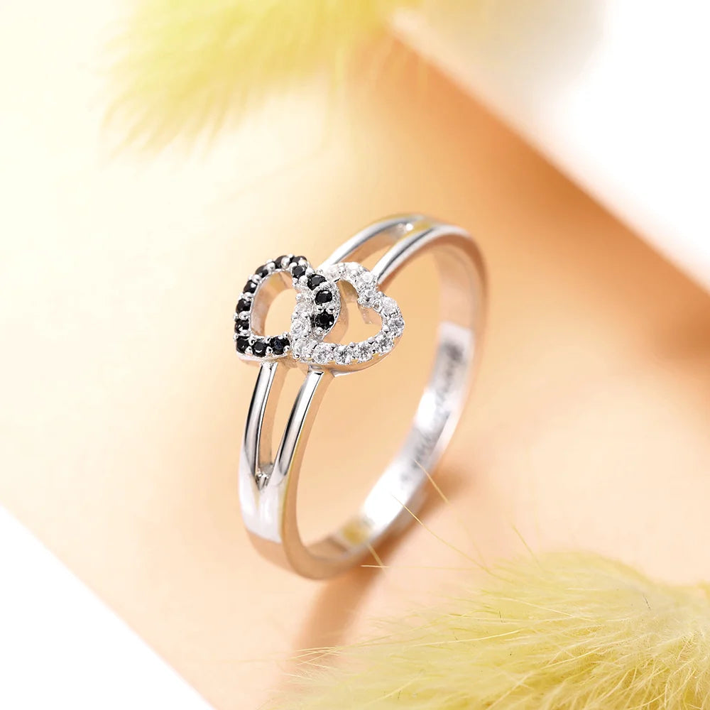 Engraved Dual Hearts Birthstones Silver Ring - Glamour