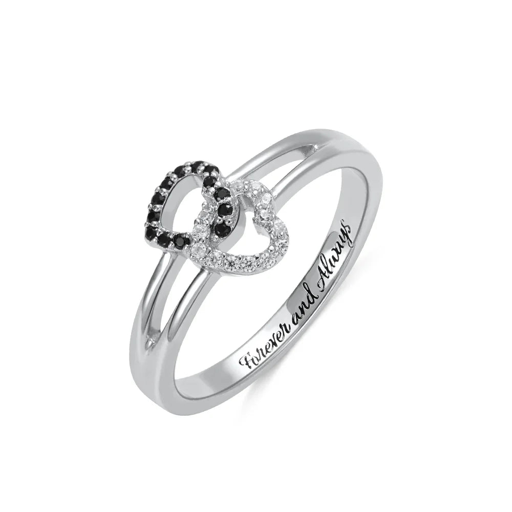 Engraved Dual Hearts Birthstones Silver Ring - Glamour