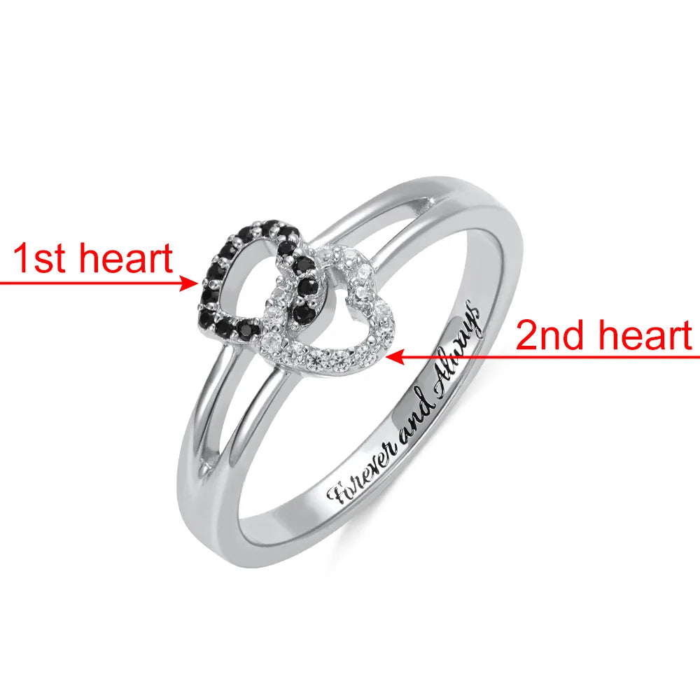 Engraved Dual Hearts Birthstones Silver Ring - Glamour