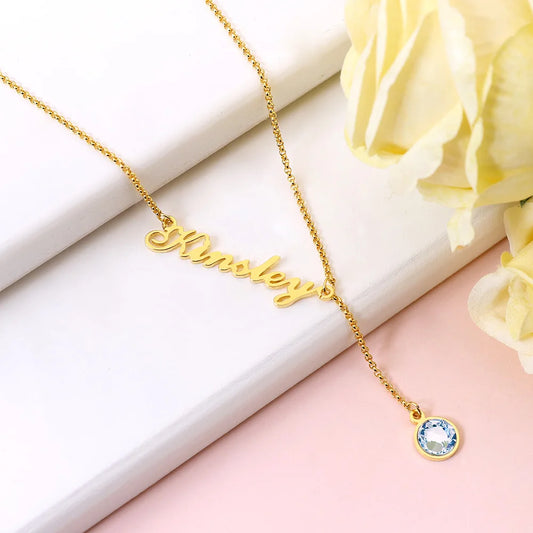 Personalized Simple Name & Birthstone Y Necklace