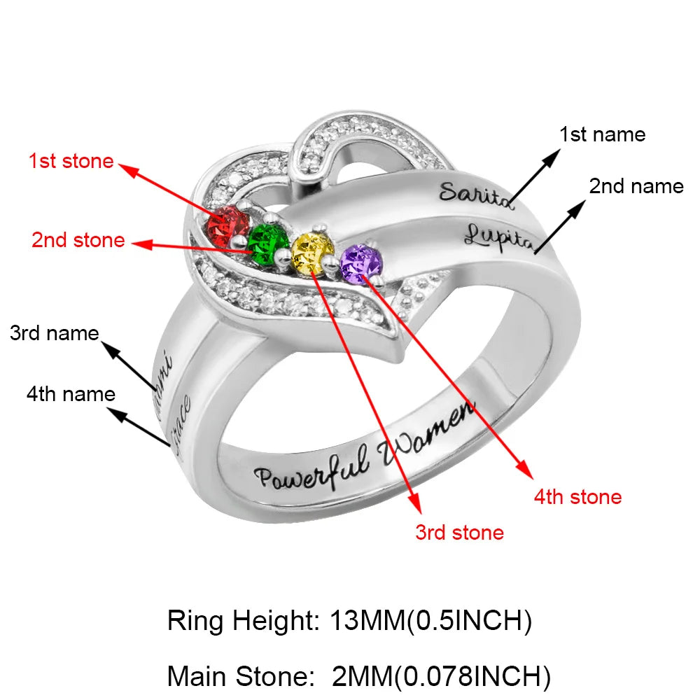 Customized Hearts and Birthstones Family Ring in Silver 925 - Glamour