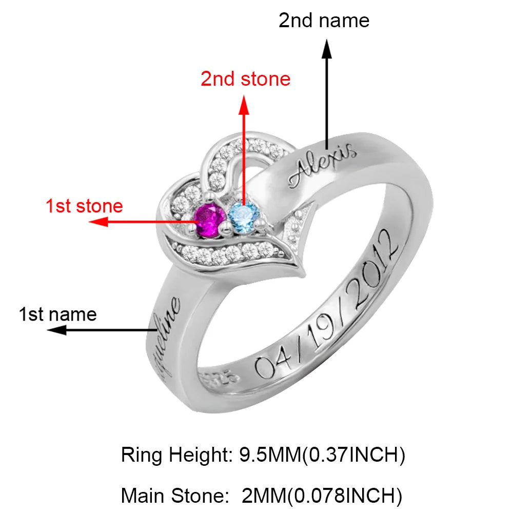 Customized Hearts and Birthstones Family Ring in Silver 925 - Glamour