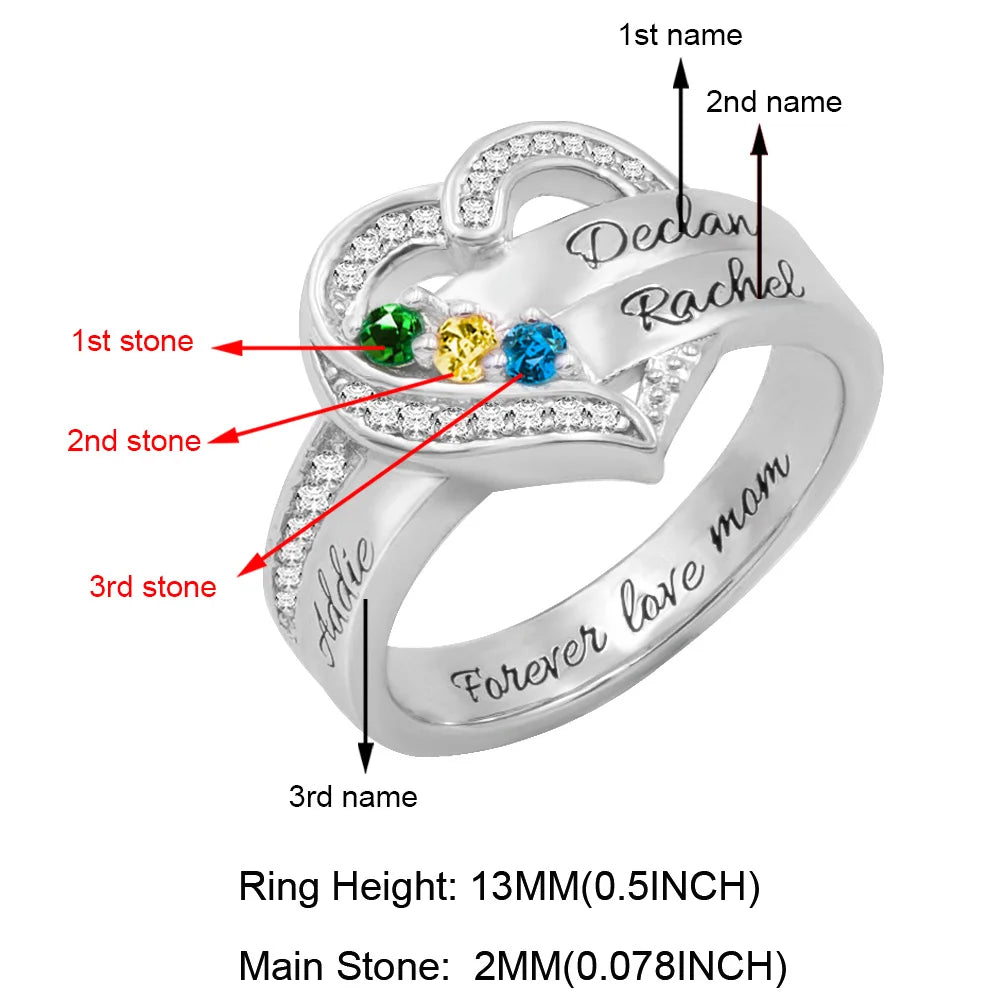 Customized Hearts and Birthstones Family Ring in Silver 925 - Glamour