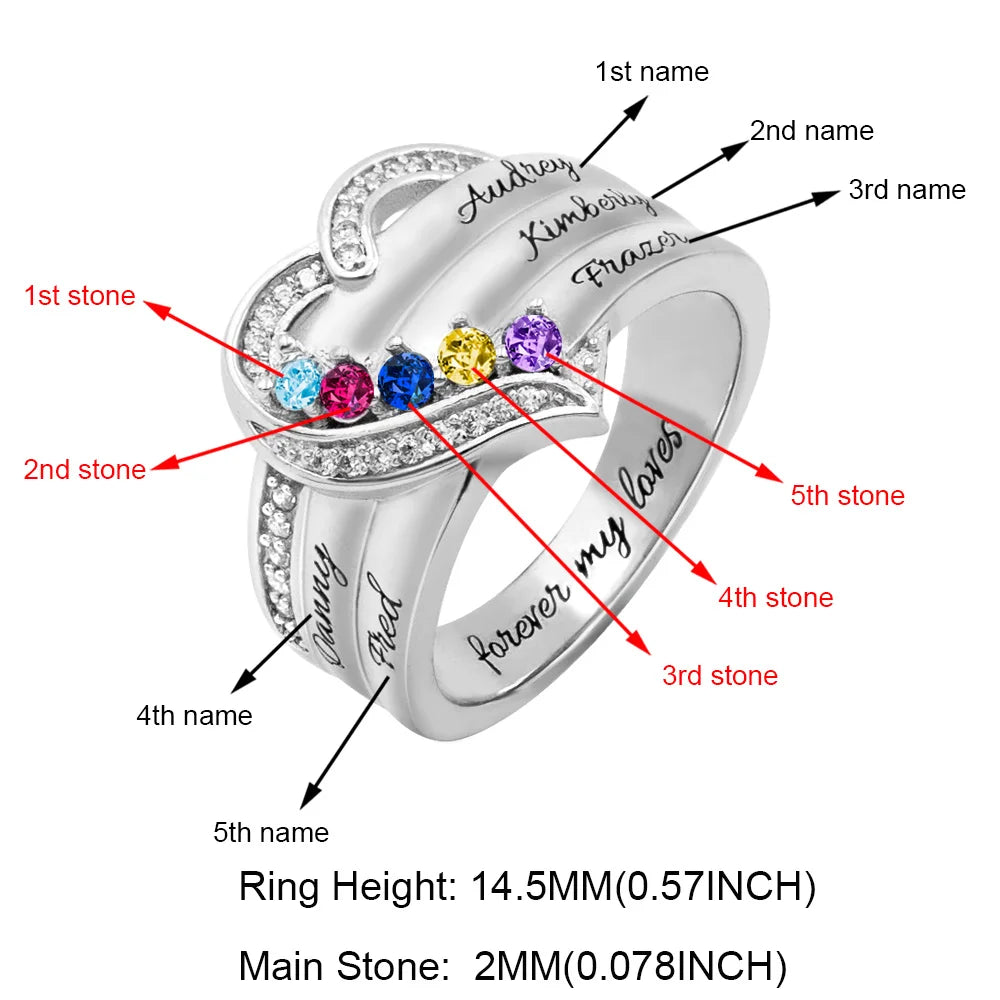 Customized Hearts and Birthstones Family Ring in Silver 925 - Glamour