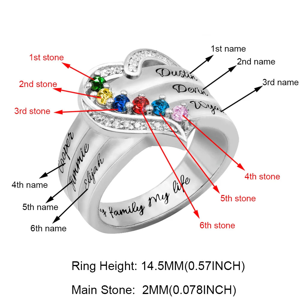 Customized Hearts and Birthstones Family Ring in Silver 925 - Glamour