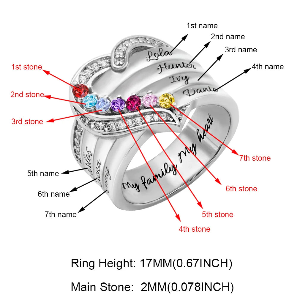 Customized Hearts and Birthstones Family Ring in Silver 925 - Glamour