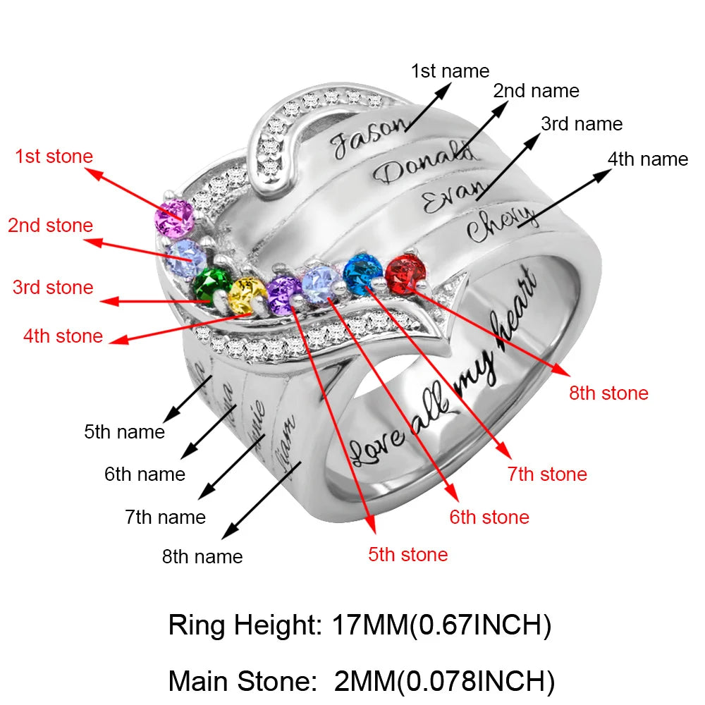 Customized Hearts and Birthstones Family Ring in Silver 925 - Glamour