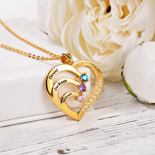 Personalized Name and Birthstone Family Heart Necklace