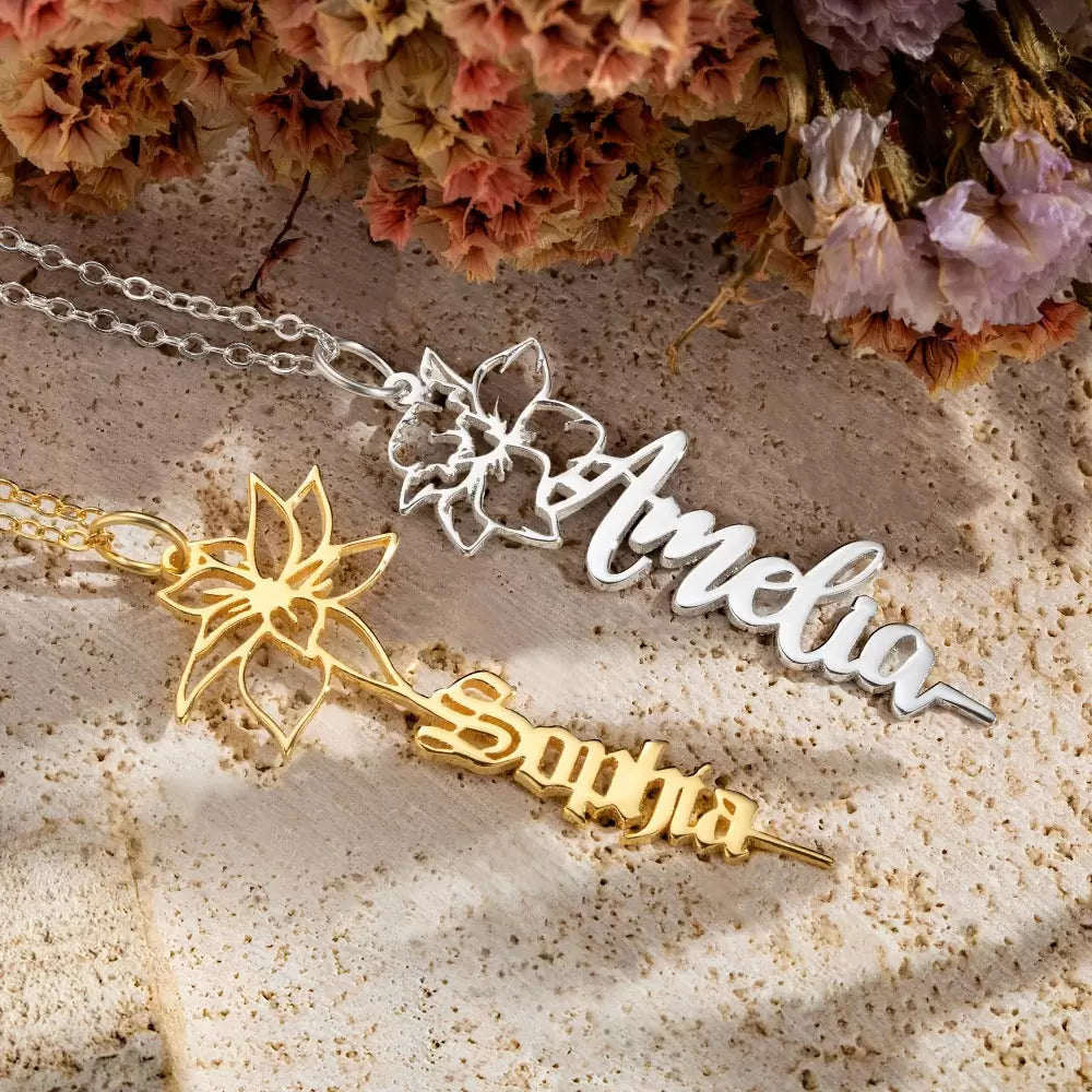 Dainty Floral Name Necklace with Birth Flower - Glamour