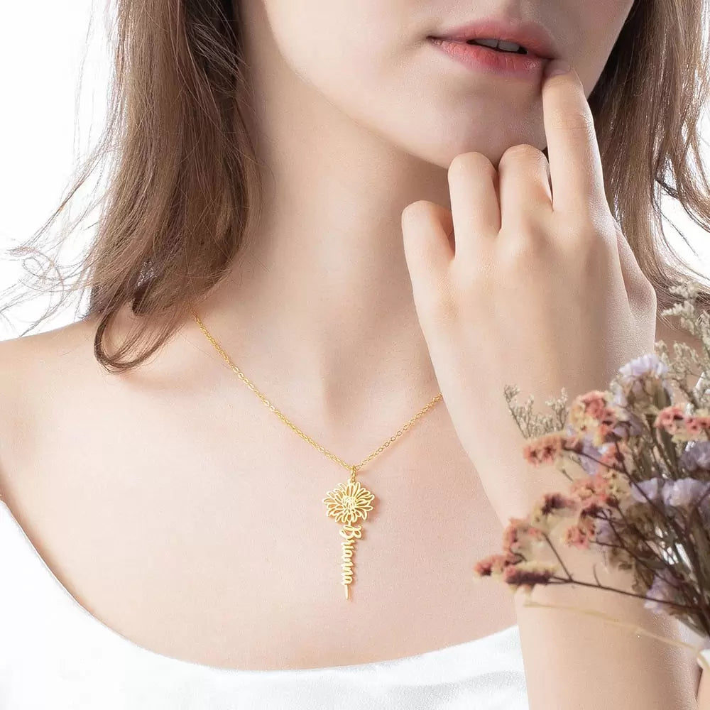 Dainty Floral Name Necklace with Birth Flower - Glamour