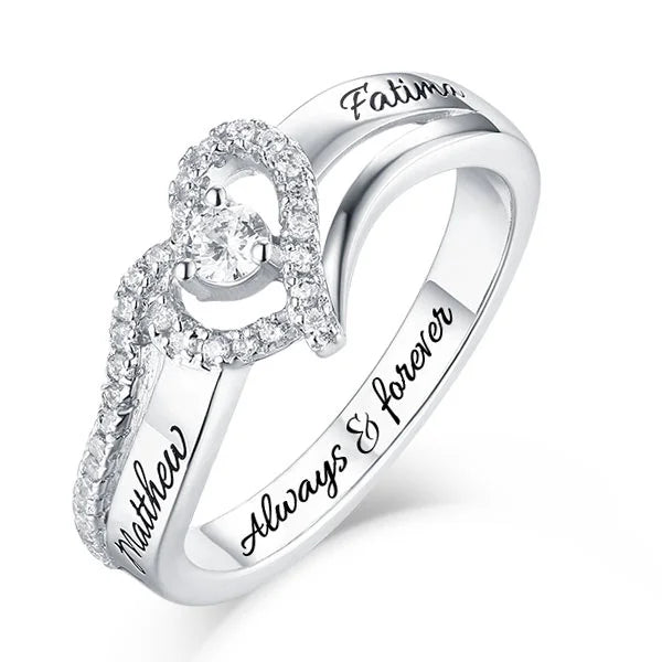 Engraved Sterling Silver Heart Shape CZ Ring - Glamour