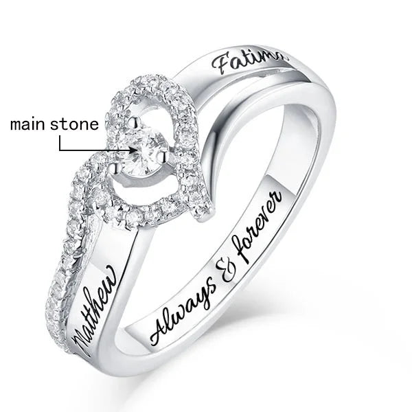 Engraved Sterling Silver Heart Shape CZ Ring - Glamour