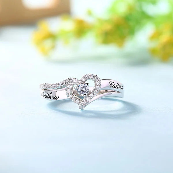 Engraved Sterling Silver Heart Shape CZ Ring - Glamour