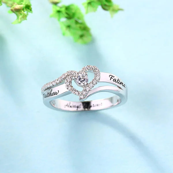 Engraved Sterling Silver Heart Shape CZ Ring - Glamour