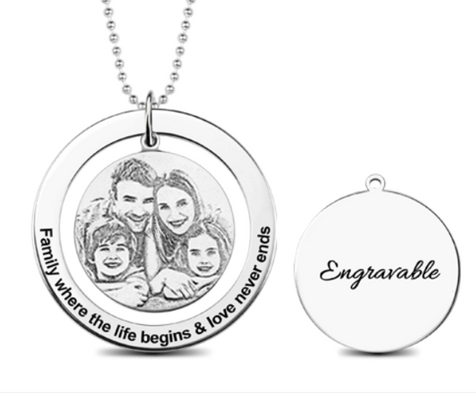 Circular Ring Pendant Engraved Circle Family Photo Necklace