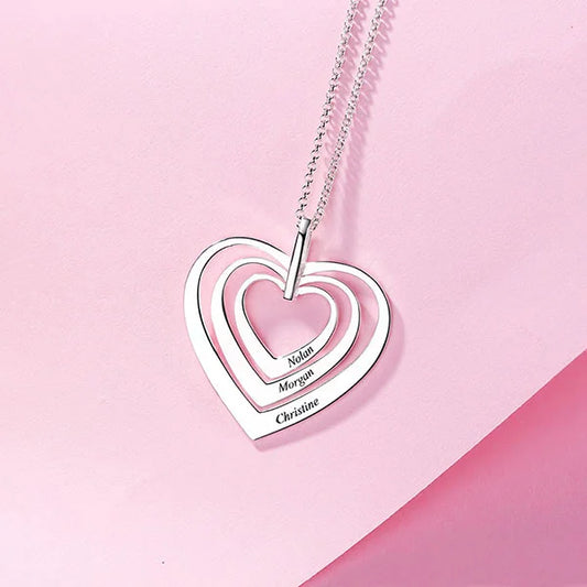 Engraved Family 3 layers Heart Necklace