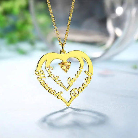 Personalized Heart Necklace with 4 Names with Main Birthstones