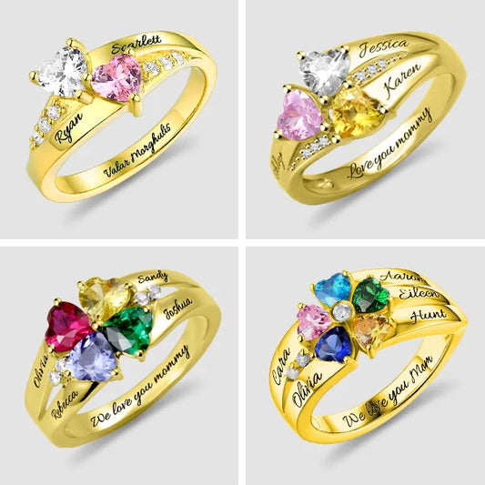 Personalized 2-5 Hearts Birthstone Ring With Engraving Silver