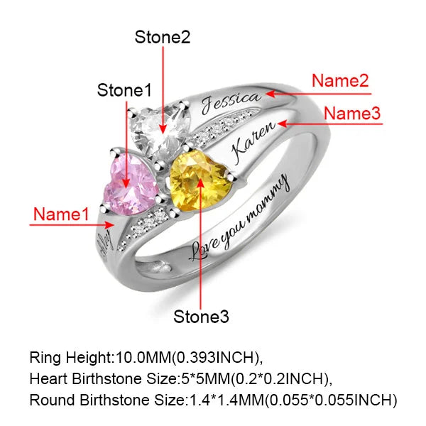 Personalized 2-5 Hearts Birthstone Ring With Engraving Silver