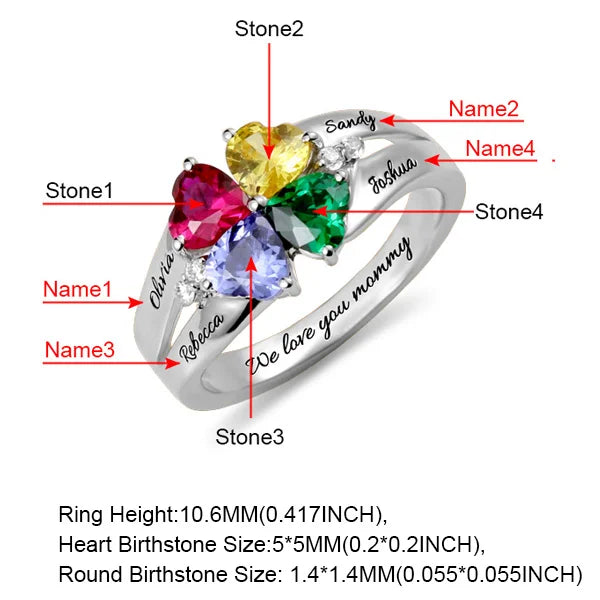 Personalized 2-5 Hearts Birthstone Ring With Engraving Silver