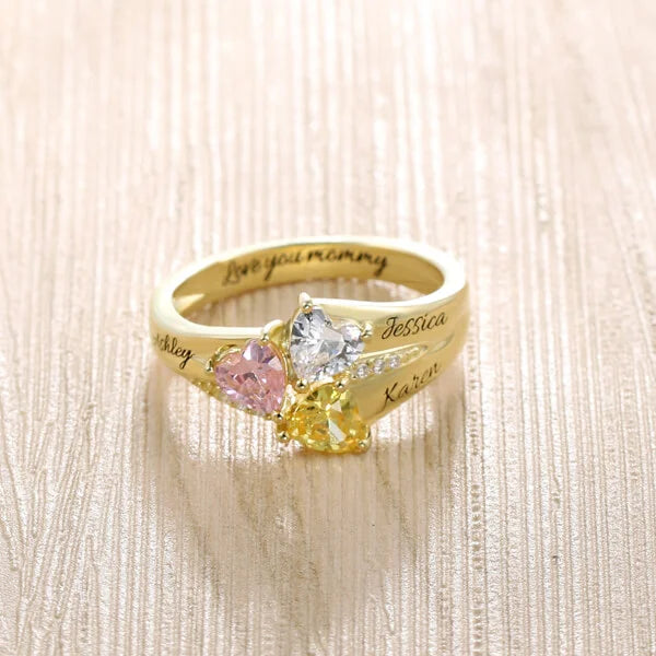 Personalized 2-5 Hearts Birthstone Ring With Engraving Silver