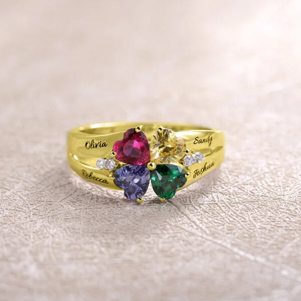 Personalized 2-5 Hearts Birthstone Ring With Engraving Silver